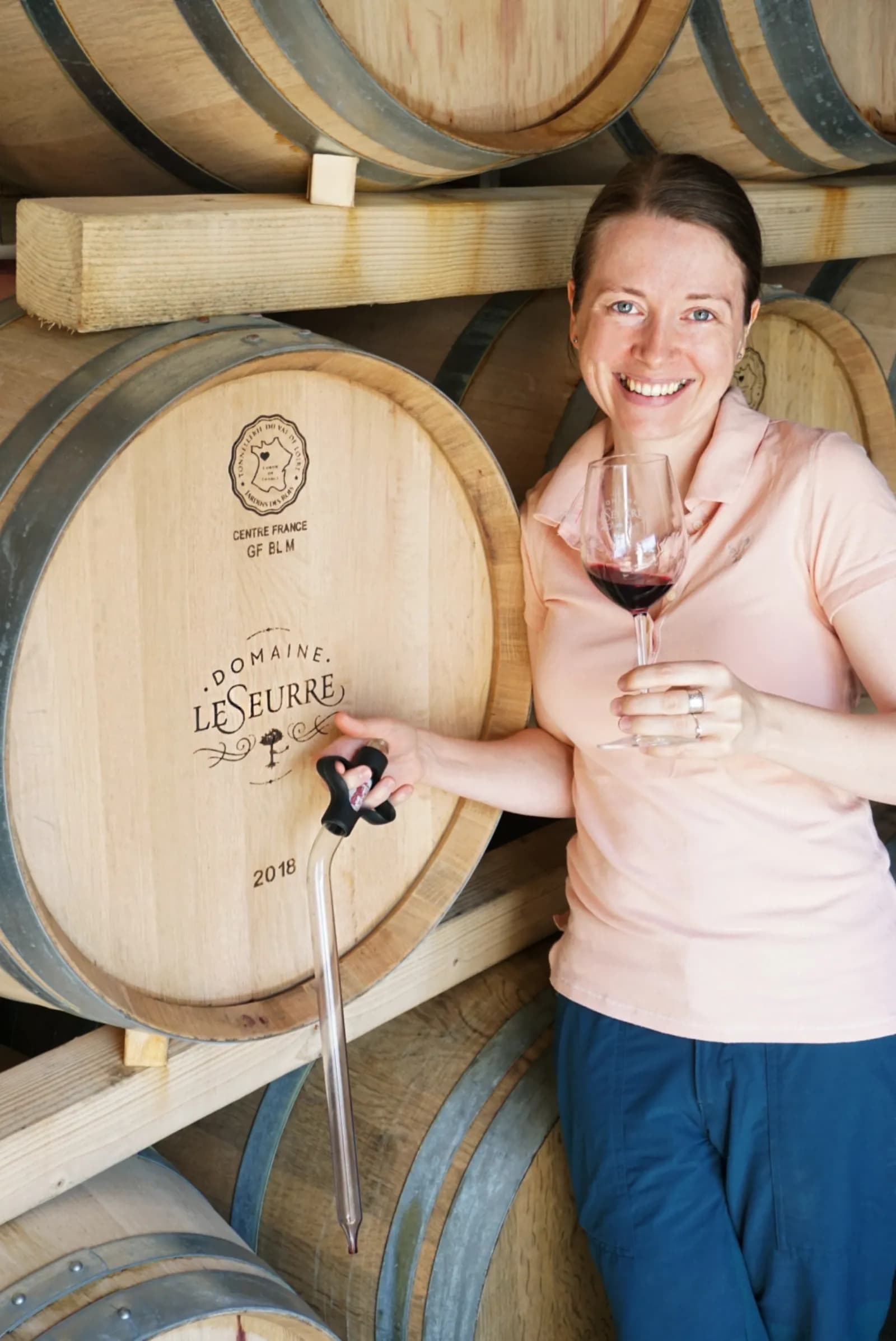 Barrels in the cellar during harvest at Domaine LeSeurre