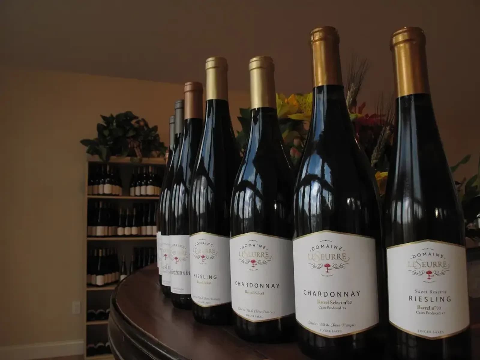 A lineup of Riesling glasses poured for a seated tasting at Domaine LeSeurre