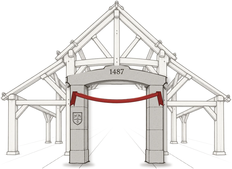 Engraving of the 1487 Heritage timber barn behind its stone arch, with a red ribbon across the pillars.